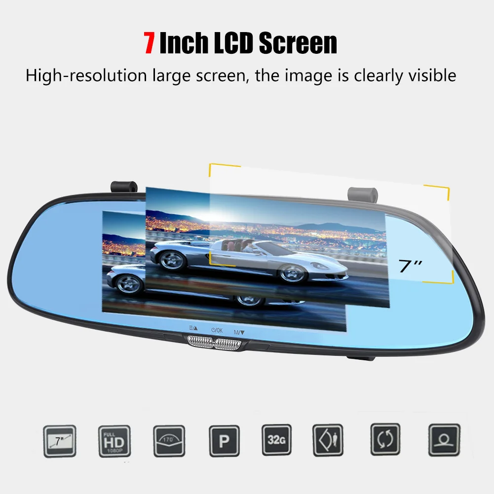 

7inch 1080P HD Car DVR Dual Lens Camera Rear View Mirror Driving Video Recorder Support Night Vision Quick Video Recording
