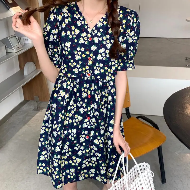 

COIGARSAM Vintage Floral Print Women dress New Puff Sleeve High Waist V-Neck Dresses Blue 9406