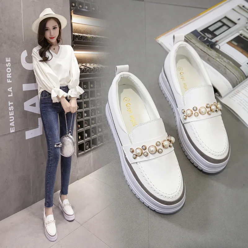 autumn women flat platform shoes new preppy style pearl sewing creeper muffins lazy microfiber slip on anti-skid loafers female | Обувь