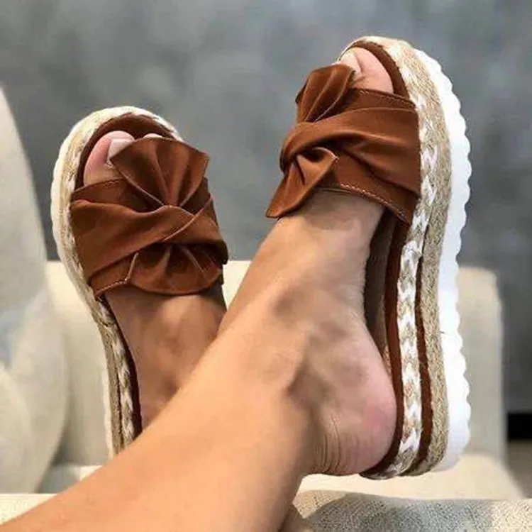 

Big Size Slippers Women Summer Low Butterfly-Knot Shoes Slides Platform Pantofle 2021 Canvas Hoof Heels Basic Butterfly-knot Rom