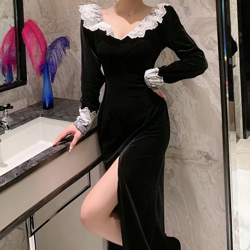 

Elegant Sexy Woman Dress Fashion Velvet Romantic V Neck Lace Long Sleeve Split Party Dresses Black Ladies Dress Autumn DA60L