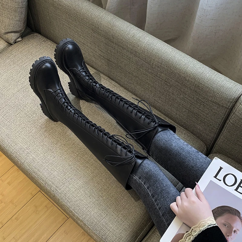 

Женские сапоги до колена, черные высокие сапоги на платформе, рыцарские сапоги на толстой подошве в Корейском стиле, 2021