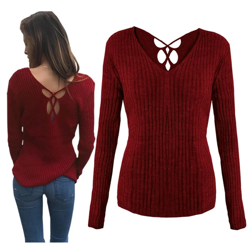 

Женский зимний сексуальный пуловер с открытой спиной и перекрестными шнурками, джемпер, вязаная свободная одежда, Модный зимний свитер, 2021