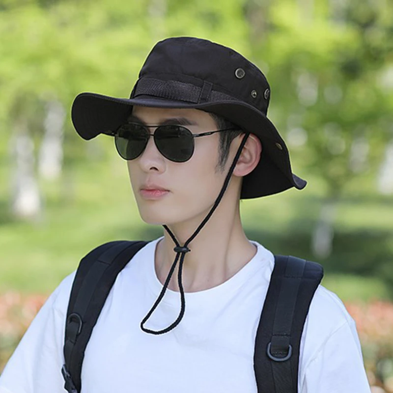 

Summer Sun Hat Solid Bucket Hats For Mens Fisherman Hats With Wide Brim Sun Fishing Bucket Hat Breathable Mesh Polyester