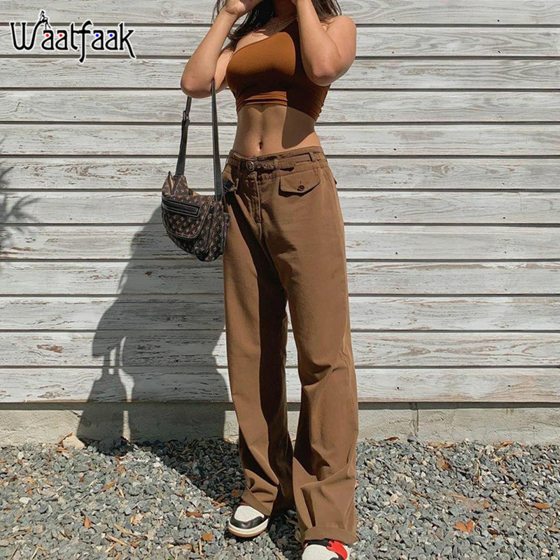 

Винтажные коричневые штаны Waatfaak Y2K, прямые штаны в стиле 90-х Харадзюку с карманами, лоскутные брюки-карго, ретро корейские спортивные штаны, ...