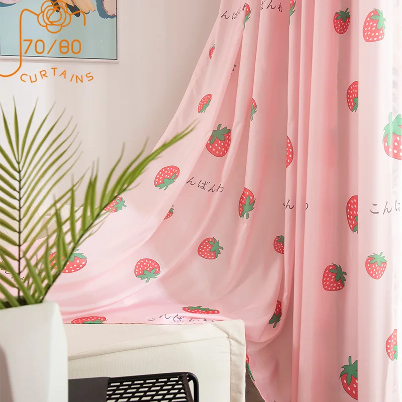 Cute Girl Style Childrens Room Pink Strawberry Jacquard Print Sanding Blackout Curtains for Living Room Bedroom Custom Products