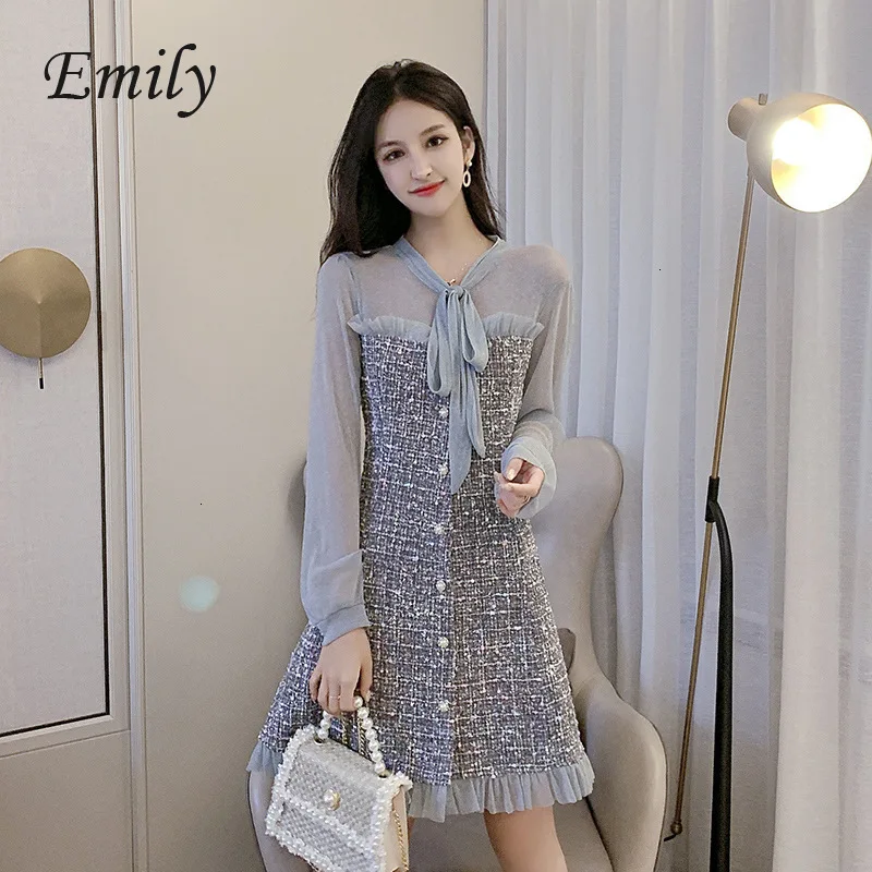 Женское прозрачное твидовое платье Осеннее трикотажное однобортное средней