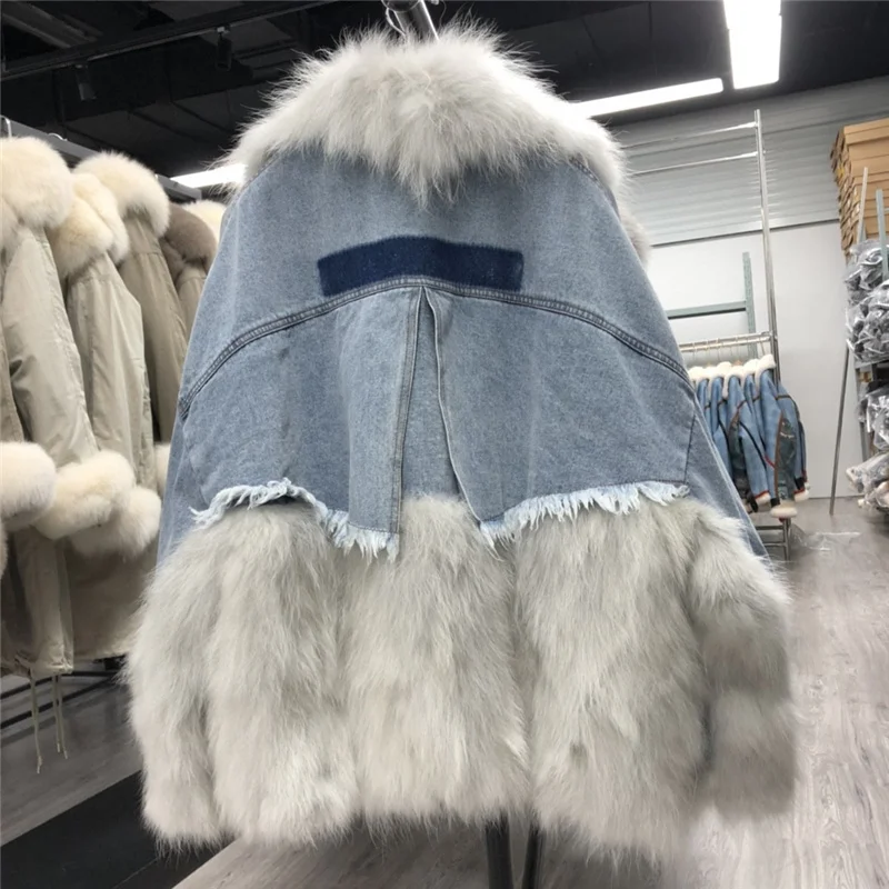 2022 New Winter Denim Real Raccoon Fur Coat Genuine Fur Collar Autumn Women Jacket A Style Loose Plus Size High Quality enlarge