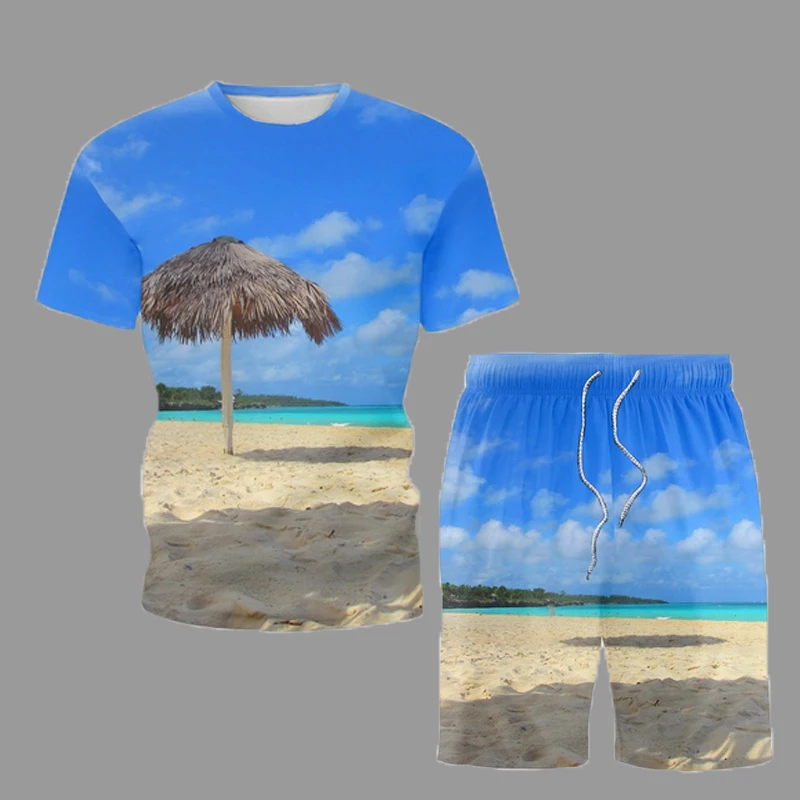 Hawaii Beach Casual Outfits Summer Trendy Short Shirt Mens Sets Straw Shed Sea View Printed Male Tshirt Shorts 2-Piece Set 5XL