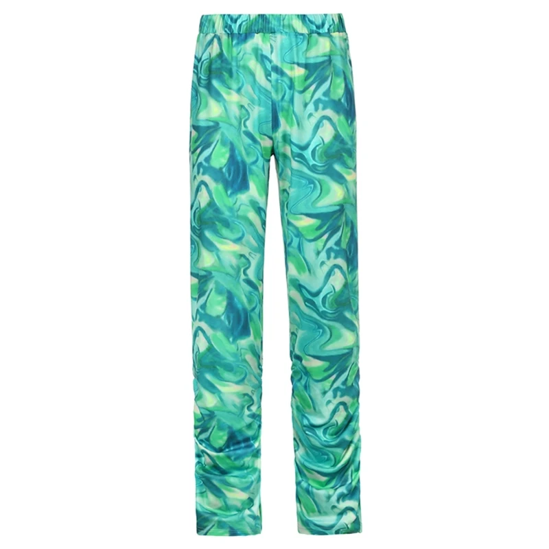 

Women High Waist Stacked Wide Leg Pants Abstract Green Tie-Dye Printed Sweatpants Harajuku Vintage Ruched Loose Trousers