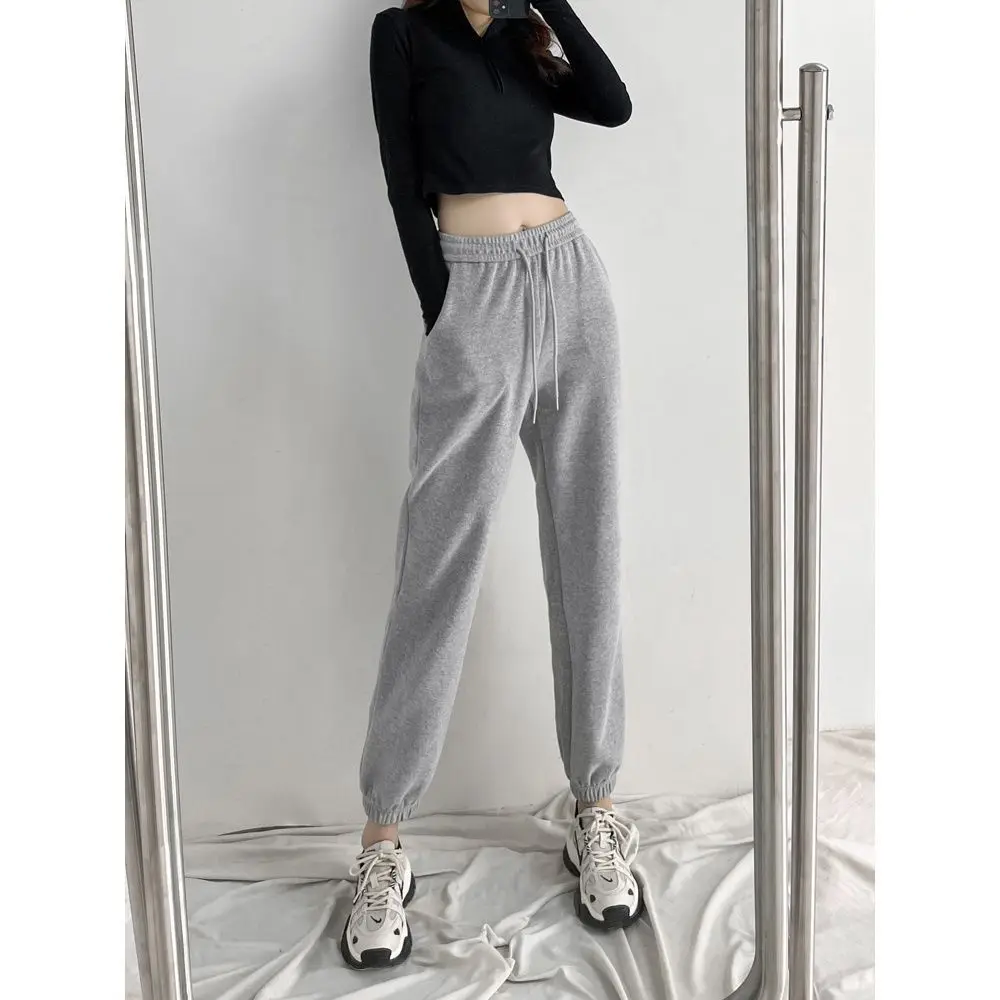 

2021 new spring wear pants with high waist and thin elastic waist, casual and loose binding, grey sports pants for women