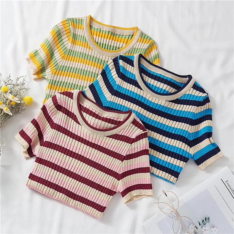 

New Summer Knitted Womens T-shirts Fashion Short Sleeve Round Collar Stripe Woman T-shirts Short Style Slim Fit Lady T-shirts