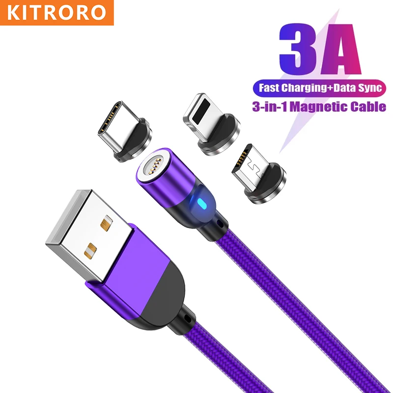 

KITRORO LED Magnetic USB Cable 3A Fast Charging Micro USB Type C Cable For iPhone Xiaomi Magnet Charger Phone Data Wire Cord
