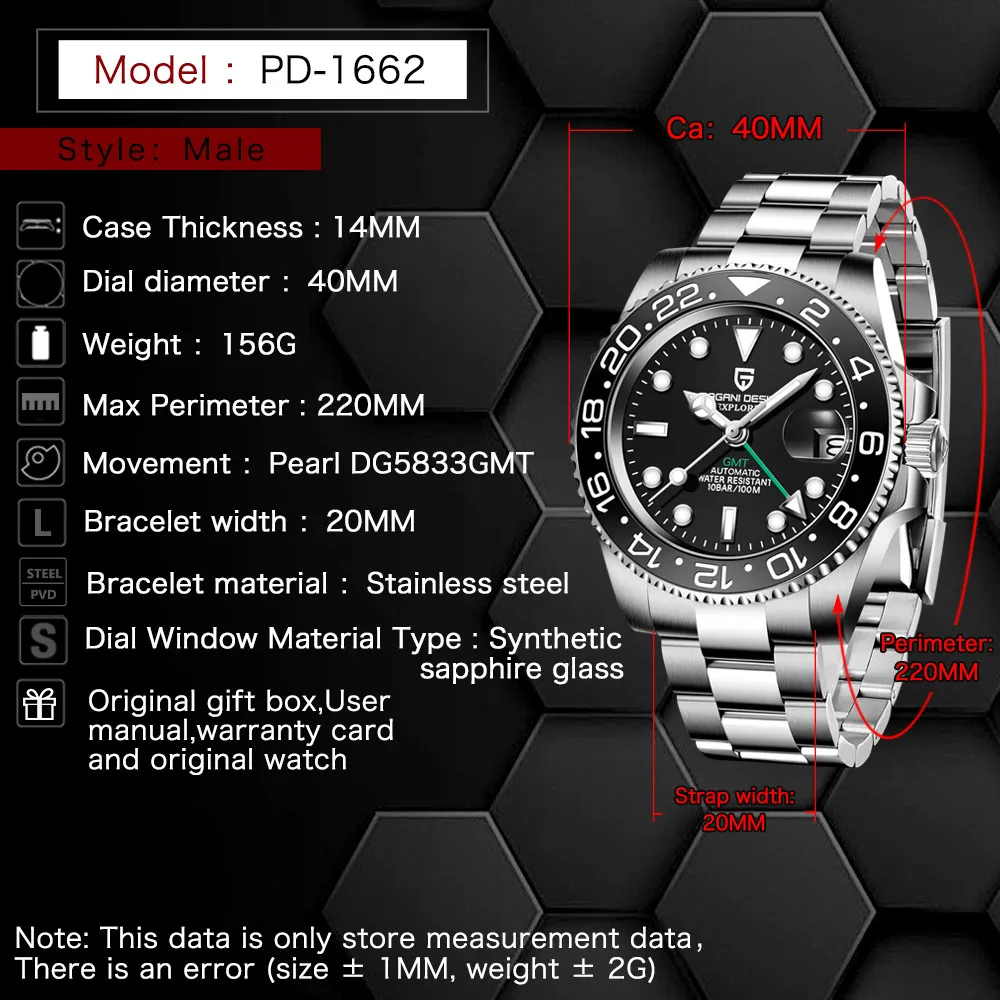 

PAGANI DESIGN Brand Men's Watch Automatic Mechanical Stainless Steel GMT Sapphire Ceramic bezel 100m Sports waterproof Watches