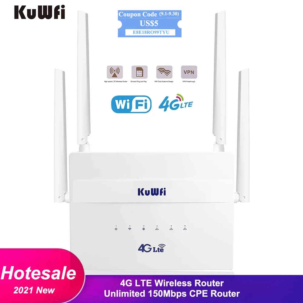 

KuWFi 4G LTE Wireless Router Unlimited 150Mbps 3G/4G CPE Router&Wireless Wifi Hotspot With SIM Card Slot 4*2dBi External Antenna