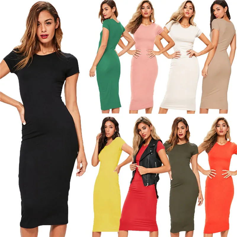 

Fashion Ladies Knitted Cotton Dress Long Summer New Style O-neck Short-sleeved Office Casual Pencil Skirt Vestidos Party Robe