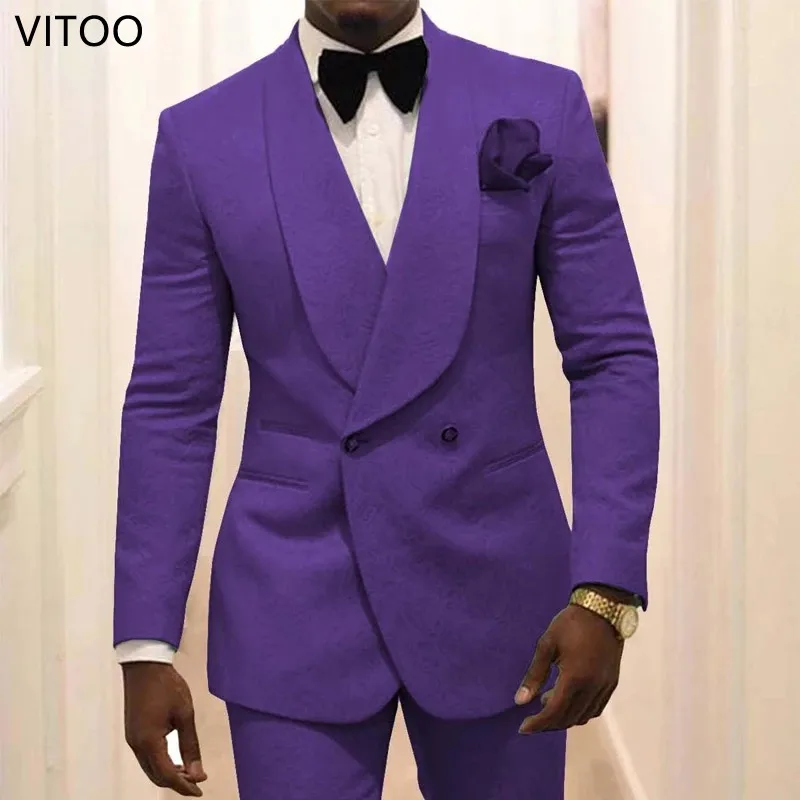 

2-Piece Men's Printed Jacquard Purple Pink Double-Breasted Prom Suit Slim Floral Wedding Best Man Tuxedo Fashion Jacket Pants
