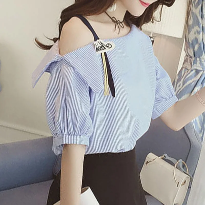 

Women Striped Off Shoulder Tops Short Sleeve Blouses Tops T-shirt Office Party Street TC21