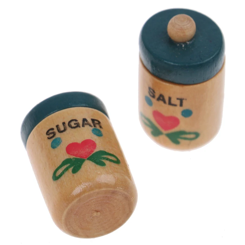 

2Pcs 1/12 Dollhouse Wood Seasoning Pot Salt Pot+Sugar Pot Doll House Kitchen Toy