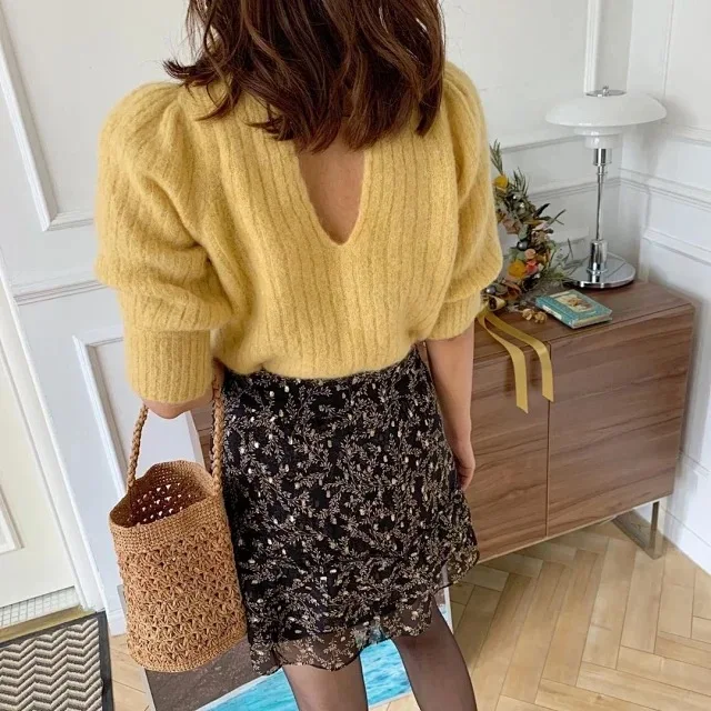 

France Sexy Mohair Vintage Long Sleeve High-end Open Back Button Sweater Pullovers Knit Wool Fashion Sweaters Women