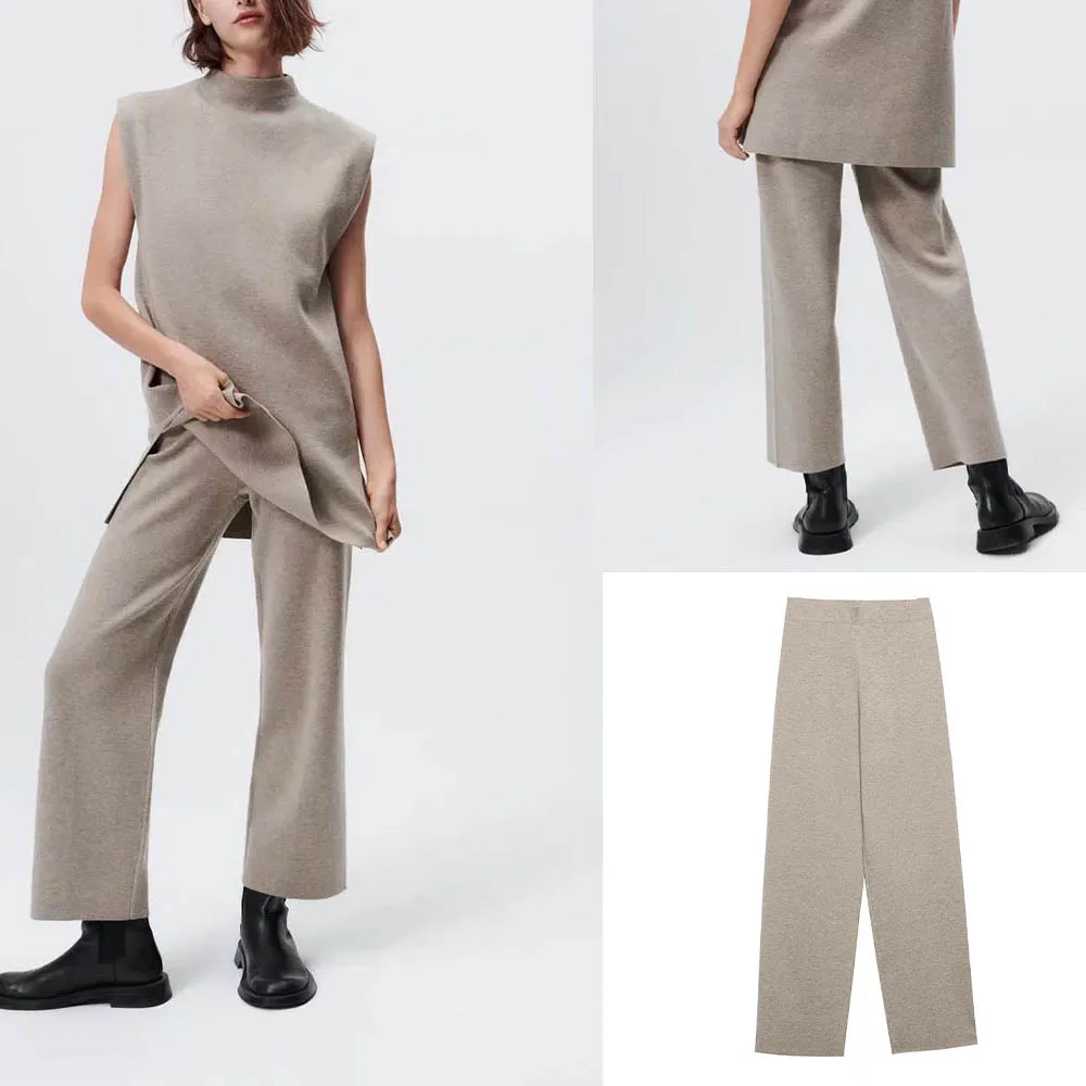 

Women's Fall 2021 New Split Design Knitted Long Sweater Top Fashion Casual All-match Female Blouse + Straight Pants Chic