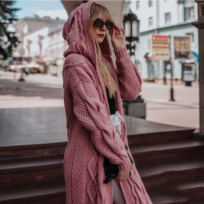 

Новинка 2020, европейский и американский стиль, Осень-зима, хит продаж, одноцветные, с капюшоном, длинные, вязаные, женские, белые, розовые, желт...