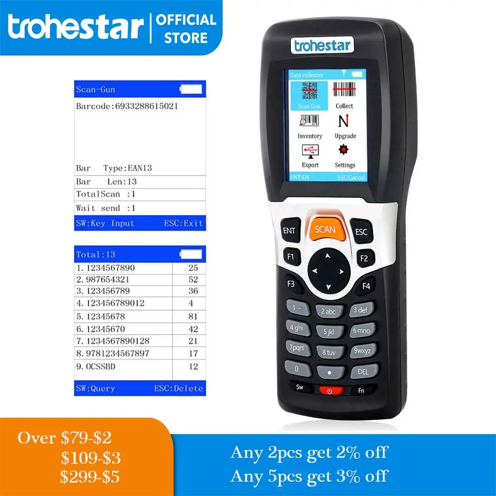 Trohestar Wireless Barcode Scanner 1D 2D QR Bar Code Reader PDF417 Handheld Inventory Counter Data Collector Bar Code Scanners