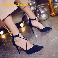 apricot womens single shoes 2021 spring and summer french womens high heels black suede stiletto sandals pointed toe straps