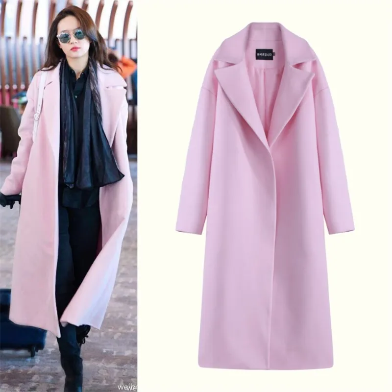 

Autumn Winter New Coat Woolen Coat Mid-length Pink Slim-fit Simple Fashion Wool Coat