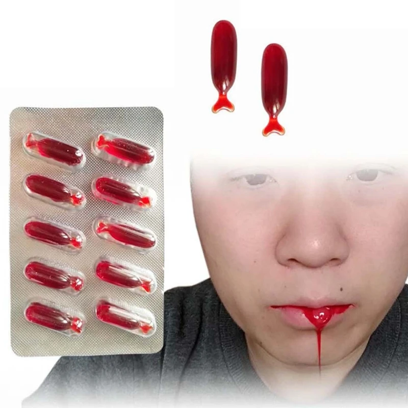 

10pcs Halloween Fake Blood Capsule Pills Vampire Horror Funny Joke Prank Trick