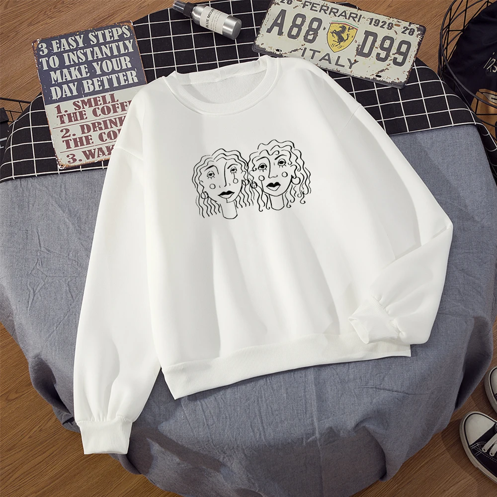 Autumn Loose Hoodies Sweatshirts Womens Art Line Face Printing Oversize Crewneck Sweetshirts Winter Clothing Fluffy Jacket Women