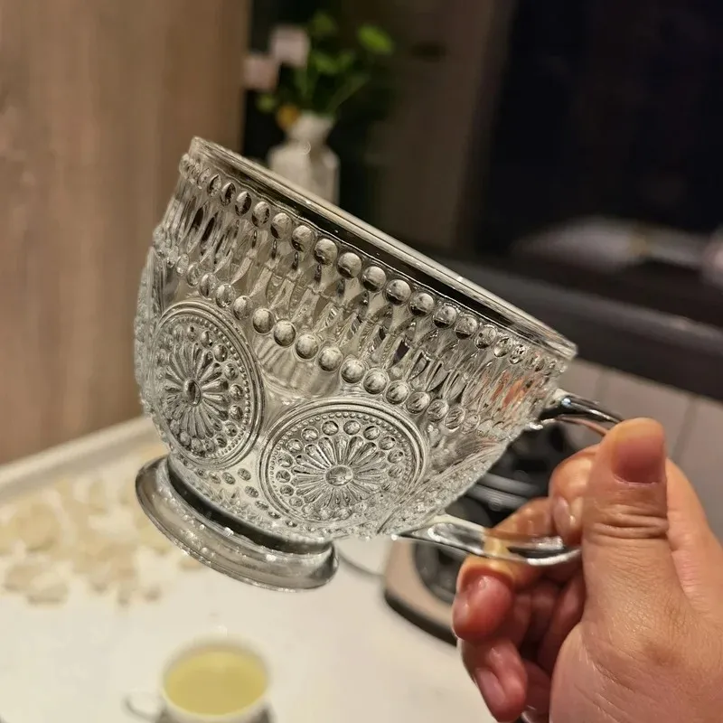 Ретро резная чашка для молока прозрачное стекло с ручкой завтрака