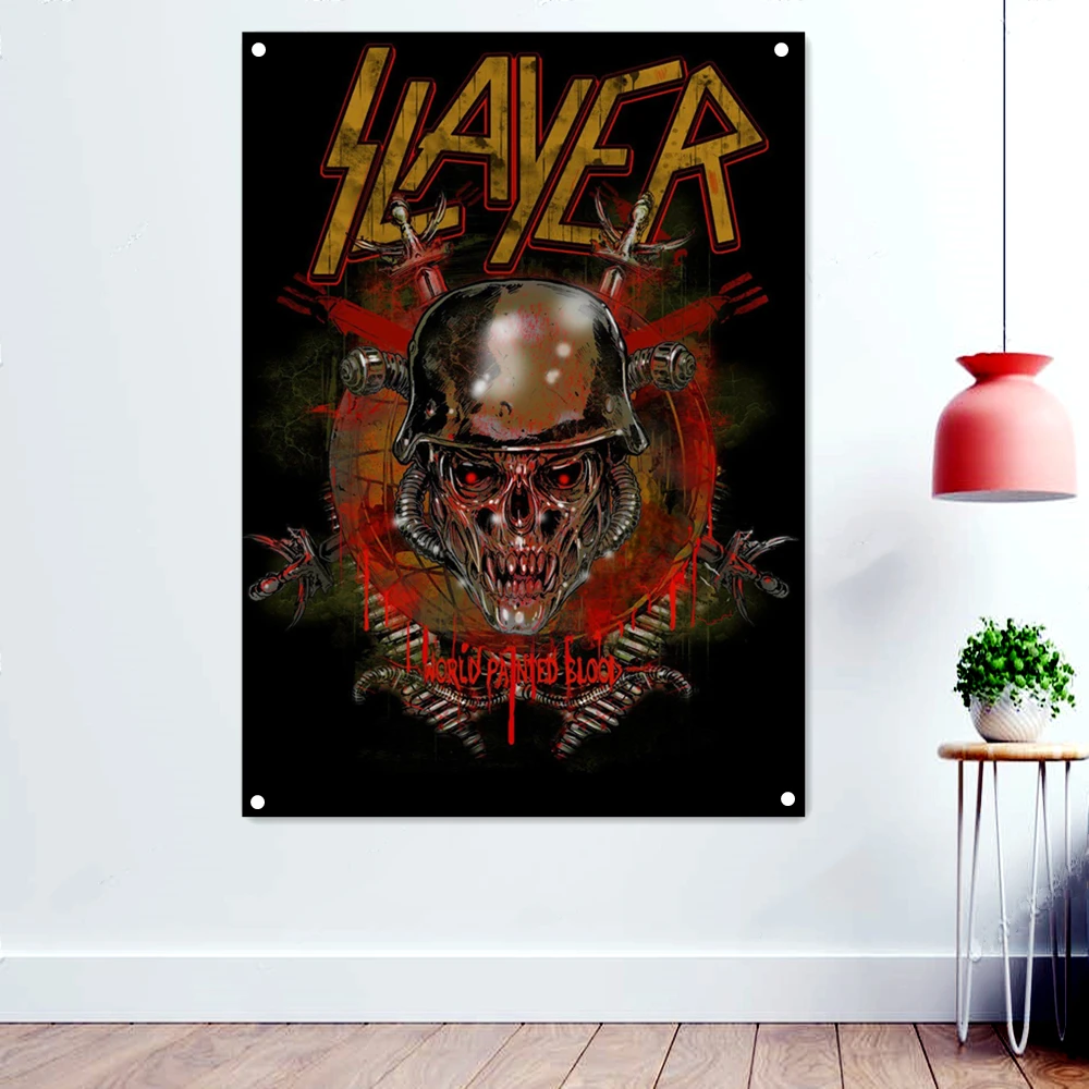 

Helmet Skull Rock Music Banners Flags Scary Bloody Skeleton Wall Art Death Metal Artworks Posters Prints Painting for Wall Decor