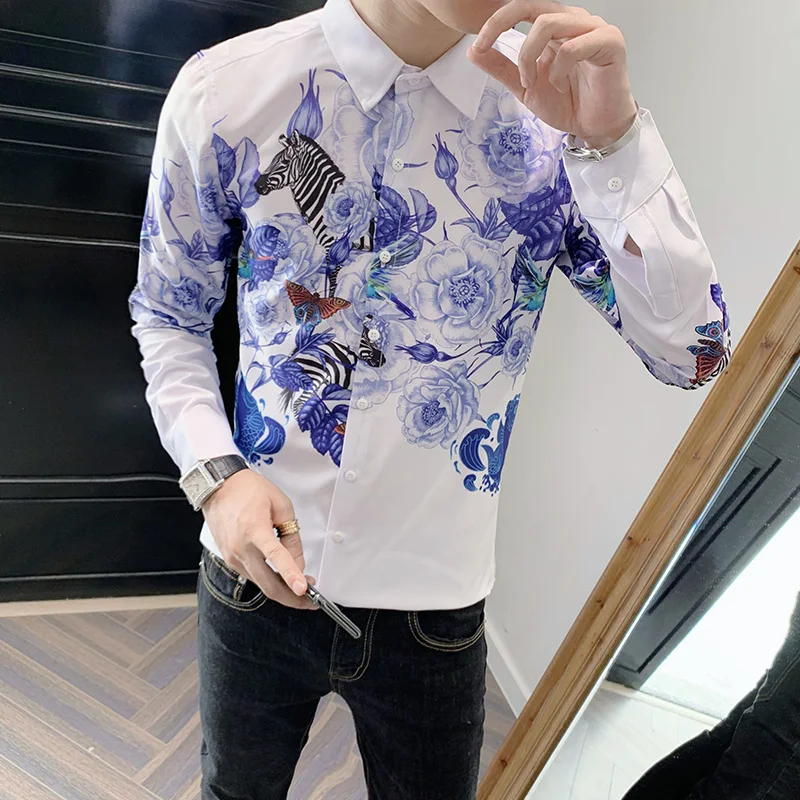

Hot Sale Fashion Digital Print Long Sleeve Shirts for Men Clothing Simple Slim Fit Casual Tuxedo Dress Blouse Homme Black/White