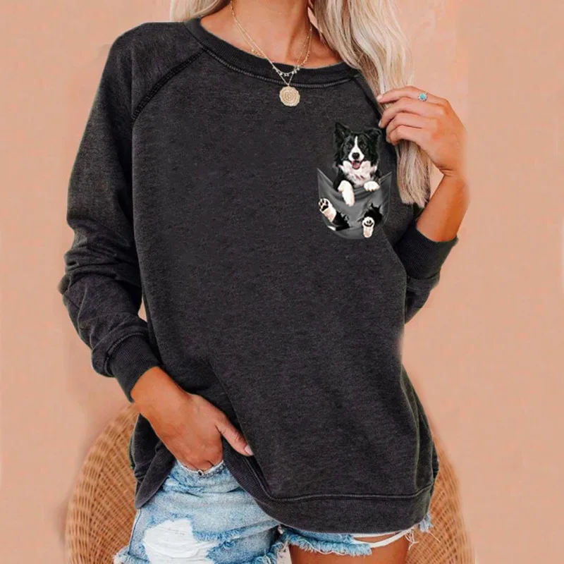 

Harajuku Casual Ladies Sweater Round Neck Pullover Puppy Print Autumn New Unique Design Comfortable Tee Tops Streetwear