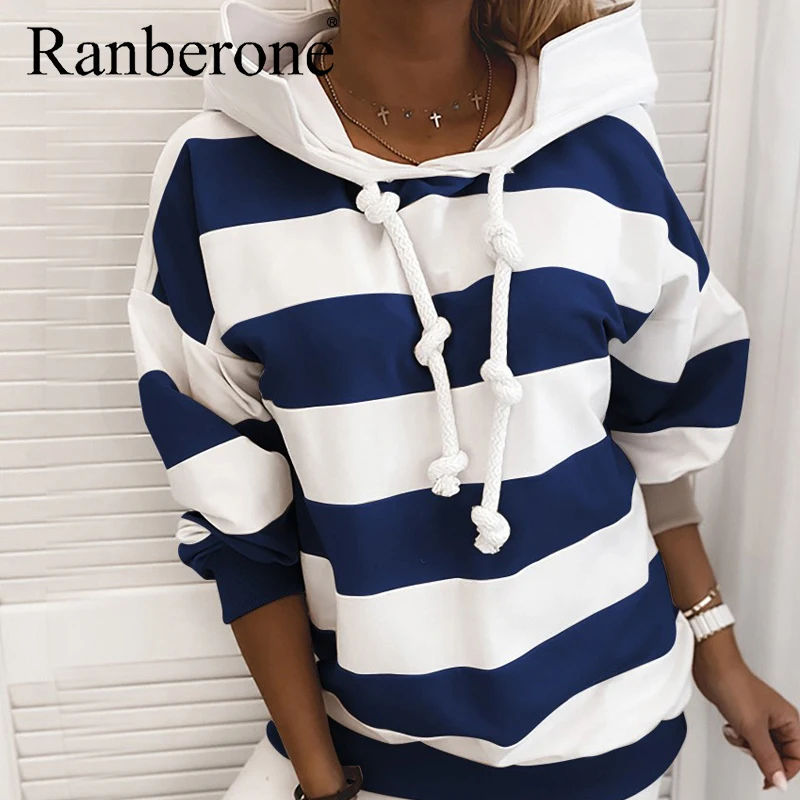 Fashion Women Hoodies Striped Colorblock Loose Hoodies Drawstring Clothes Long Sleeve Hooded Sweatshirt Female Plus Size 2020