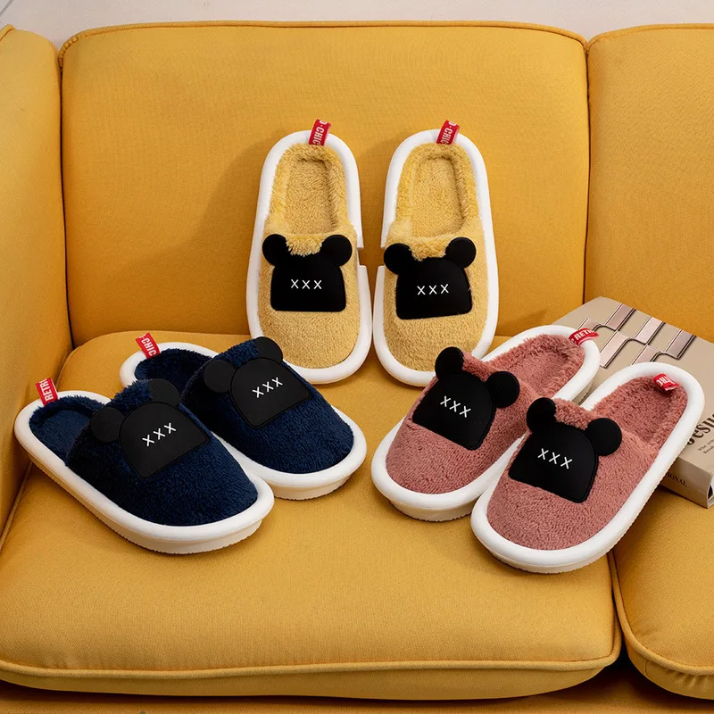 

Fashionable Men's Plush New Slippers Fall/winter Warm Thick-soled Home Indoor Shoes Male Female Soft Cute Cartoon Bear Slippers