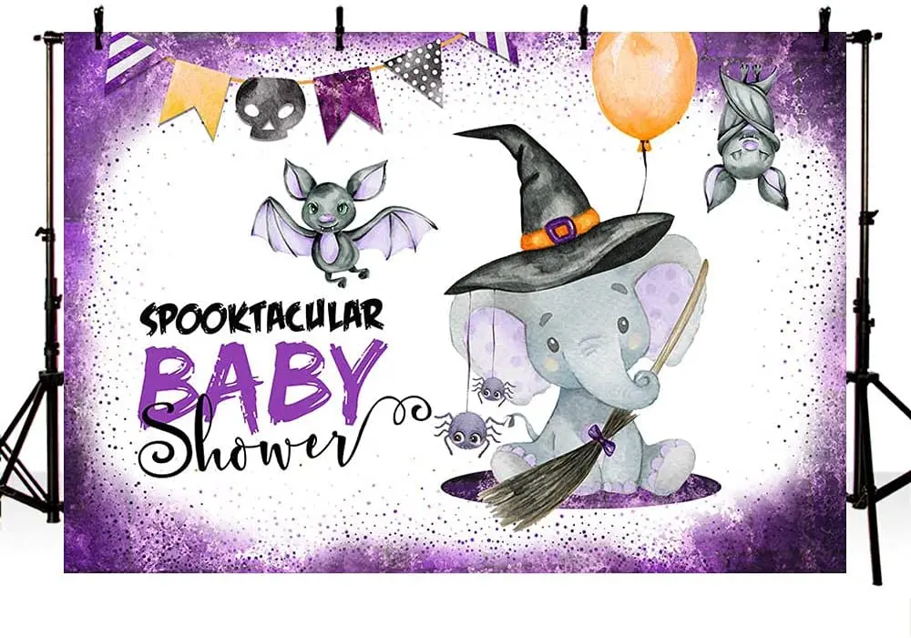 Elephant Spooktacular Girl Boy Baby Shower Party Backdrop Banner Decor Fall Bat Halloween Purple Theme Photography Background