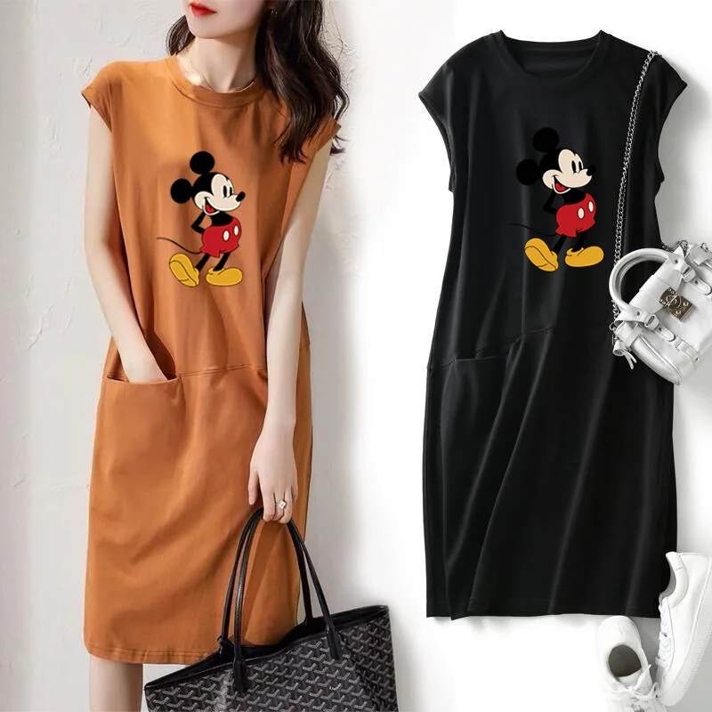 

Disney Women Dresses Mickey Donald Duck Cartoon Print Summer Short Sleeve Dress Loose Femme Party Casual Dress Pocket Sundress