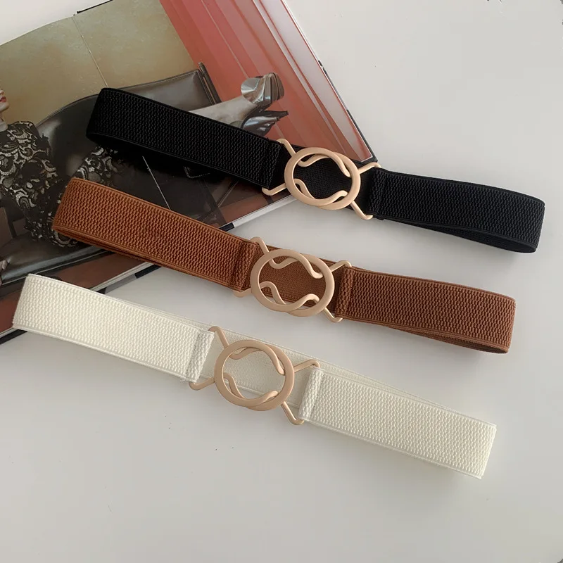 

Simple Belts for Women Elastic Waistband Gold Round Buckle Decoration Belt Coat Sweater Dress Party Accessories