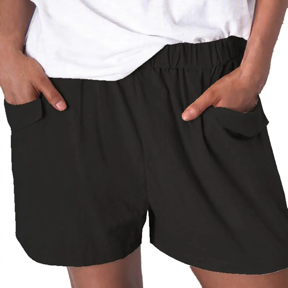 

Summer Women Shorts High Waist Solid Color Pockets Elastic Waist Loose Short Pants Solid Color Pockets Elastic Waist Short Pants