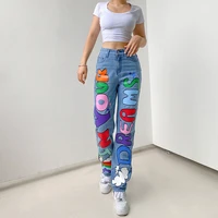 2021 new hight waist denim letter printed jeans pants fashion washed jeans fashion streetwear bodycon outfits