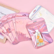 50Packs 4 Styles Resealable Holographic Bags Cute Eyelash Packaging Bags For Lip Gloss Lash Foil Small Ziplock Bags