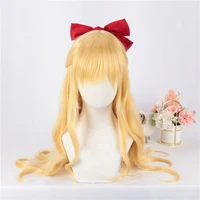 sailor venus minako aino cosplay wig golden long 80cm curly heat resistant synthetic hair with red bow wig cap