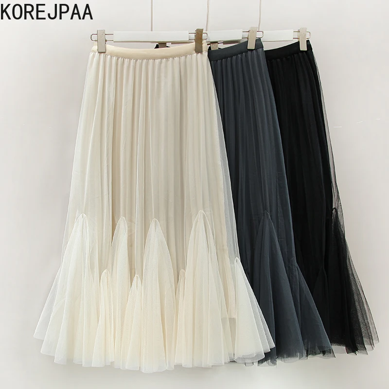 

Korejpaa Elegant Retro Skirts Women Mesh Patchwork Hong Kong Style Ladies High Elastic Waist Solid Color Skirt Outwear Autumn