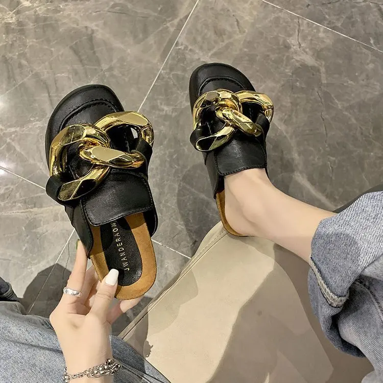 

Big Size Rivet Slippers Casual Mules For Women 2021 Shoes Low Cover Toe Slides Pantofle Luxury New PU Basic Fabric Spring Fashio