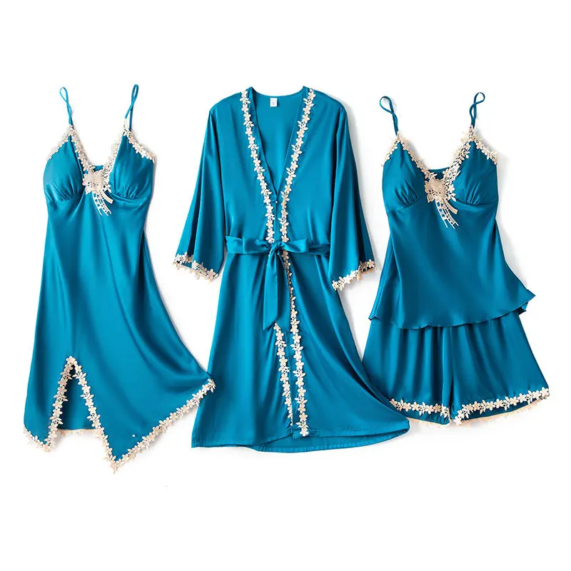 

Sexy Pajamas Set With Lace Faux Silk Nightwear Kimono Gown Women Sleepwear Robe Spring Summer New Intimate Lingerie Homewear