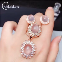 colife jewelry silver gemstone jewelry set for party 4 pieces natural rose quartz jewelry 925 silver ring earrings pendant set