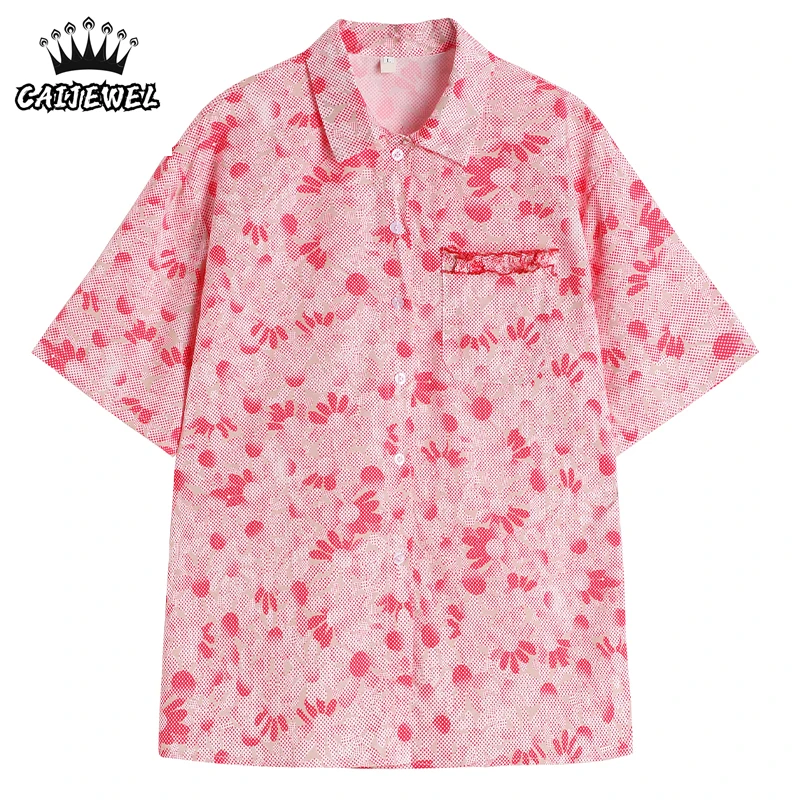 

Women's Shirt 2022 Summer Korean Fashion Lovely Girl Printing Short Sleeve Polo Collar Baggy TOP Casual Straight Chiffon Blouse