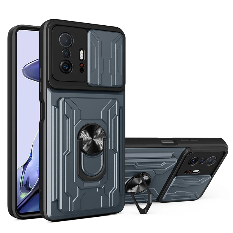 

Shockproof Phone Case For Xiaomi 11X 11I 11 11T LITE PRO Push Window Armor With Card Slot Ring Stand Anti-fall Back PC Cover